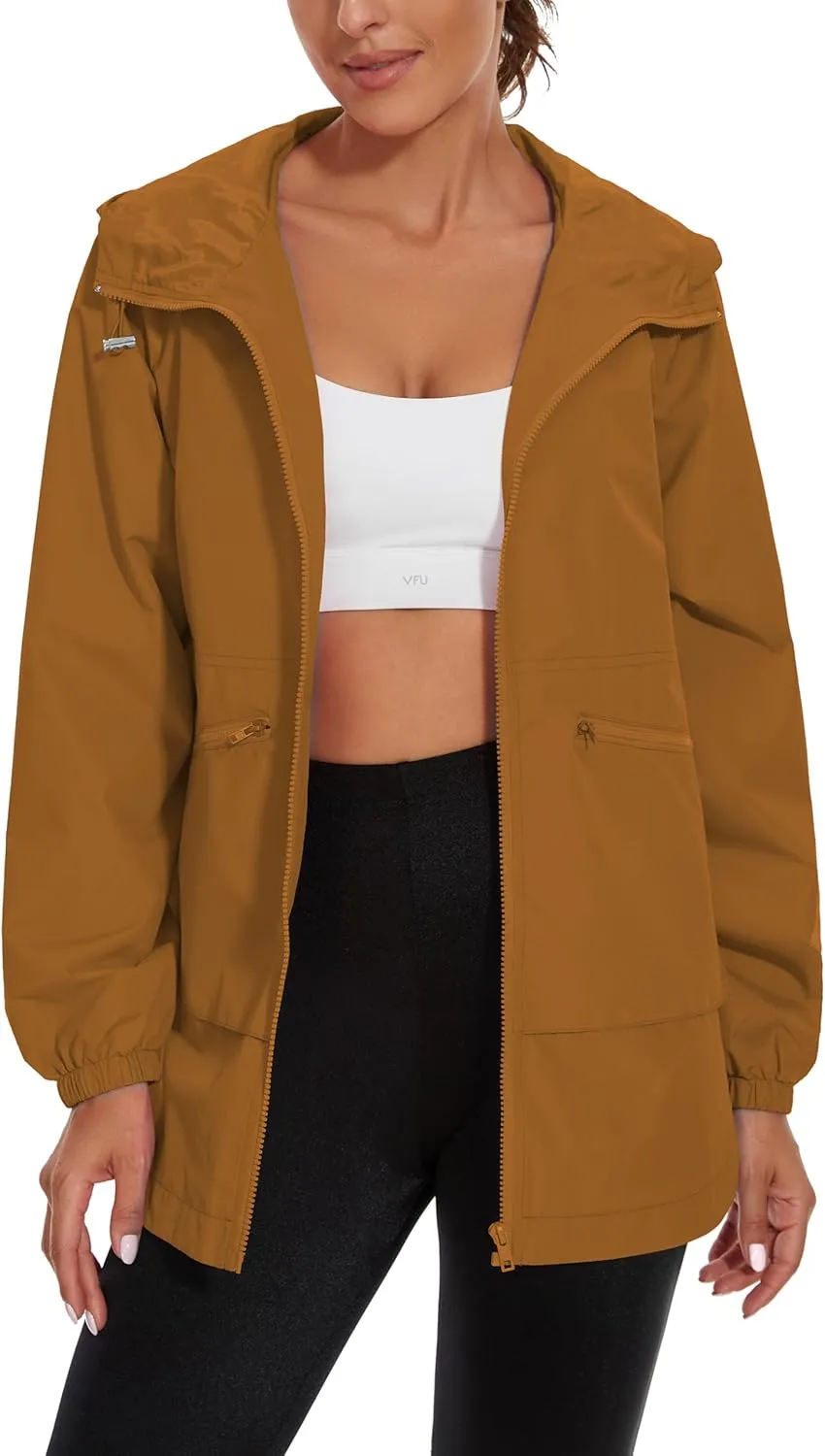 PESION Womens Waterproof Raincoat Lightweight Rain Jacket Trench Coat Hooded Windbreaker With Pockets for Outdoor