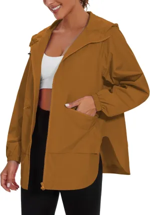 PESION Womens Waterproof Raincoat Lightweight Rain Jacket Trench Coat Hooded Windbreaker With Pockets for Outdoor