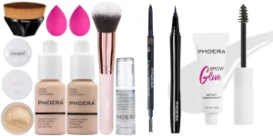 PHOERA Foundation, Full Coverage Foundation,PHOERA Eye Makeup Kit, Include Eyebrow Pencil,Eyeliner and Eyebrow Gel Clear, PHOERA Primer, PHOERA Powder
