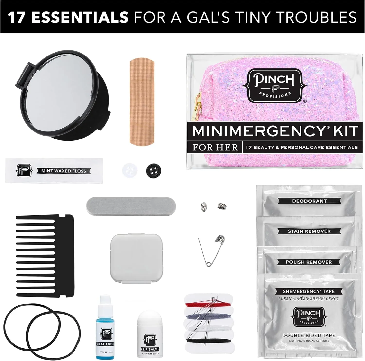 Pinch Provisions Orchid Glitter Minimergency Kit, Includes 17 Travel-Sized Cosmetic Essentials, Convenient for Purses, Emergency Beauty Accessories, Gifts for Holiday’s & Birthday’s