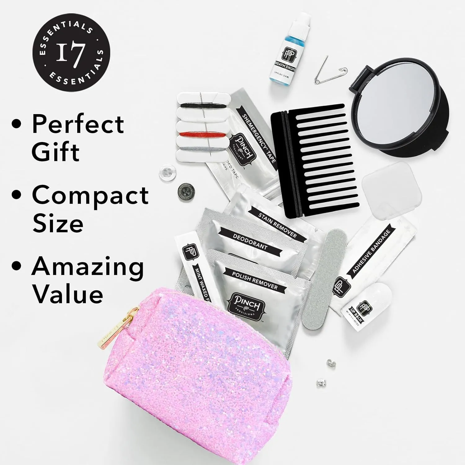 Pinch Provisions Orchid Glitter Minimergency Kit, Includes 17 Travel-Sized Cosmetic Essentials, Convenient for Purses, Emergency Beauty Accessories, Gifts for Holiday’s & Birthday’s