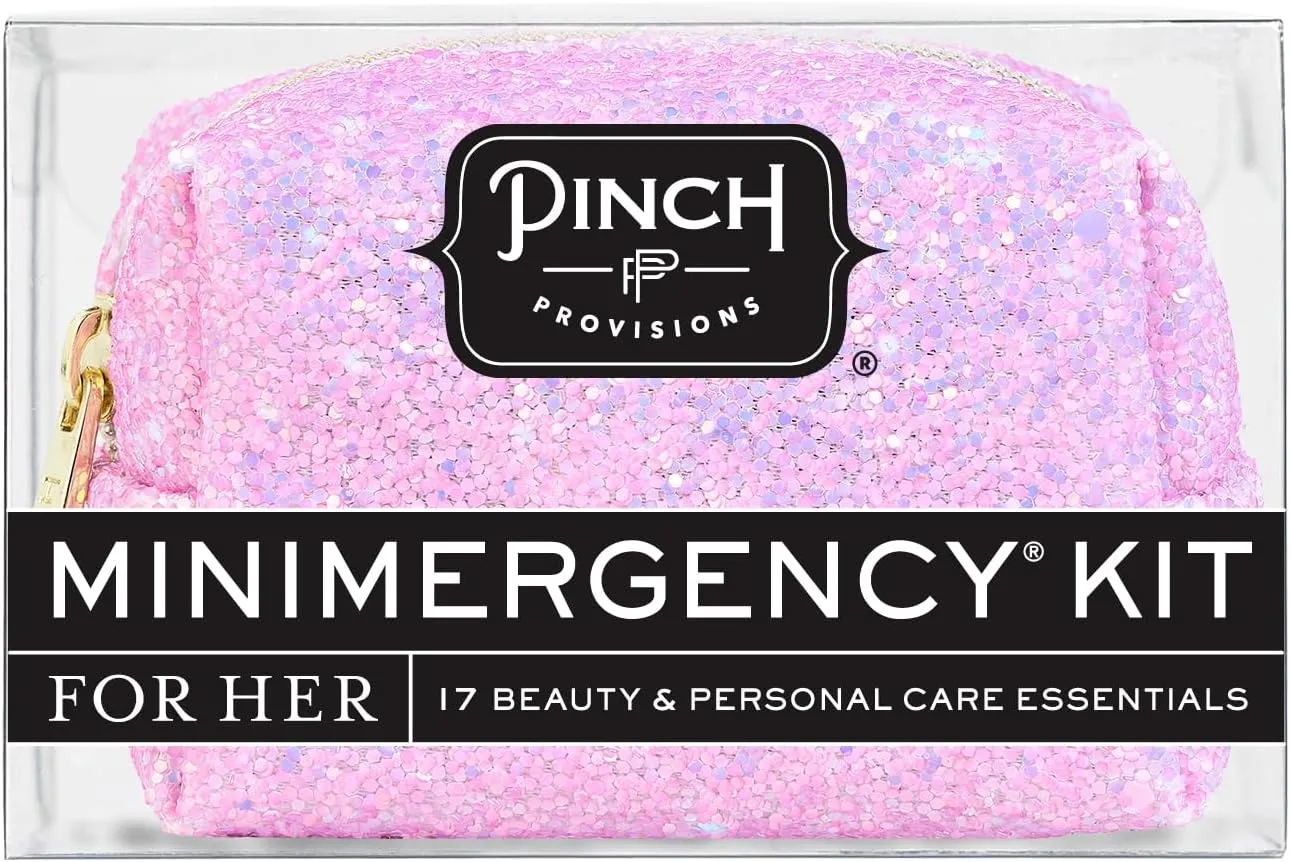Pinch Provisions Orchid Glitter Minimergency Kit, Includes 17 Travel-Sized Cosmetic Essentials, Convenient for Purses, Emergency Beauty Accessories, Gifts for Holiday’s & Birthday’s
