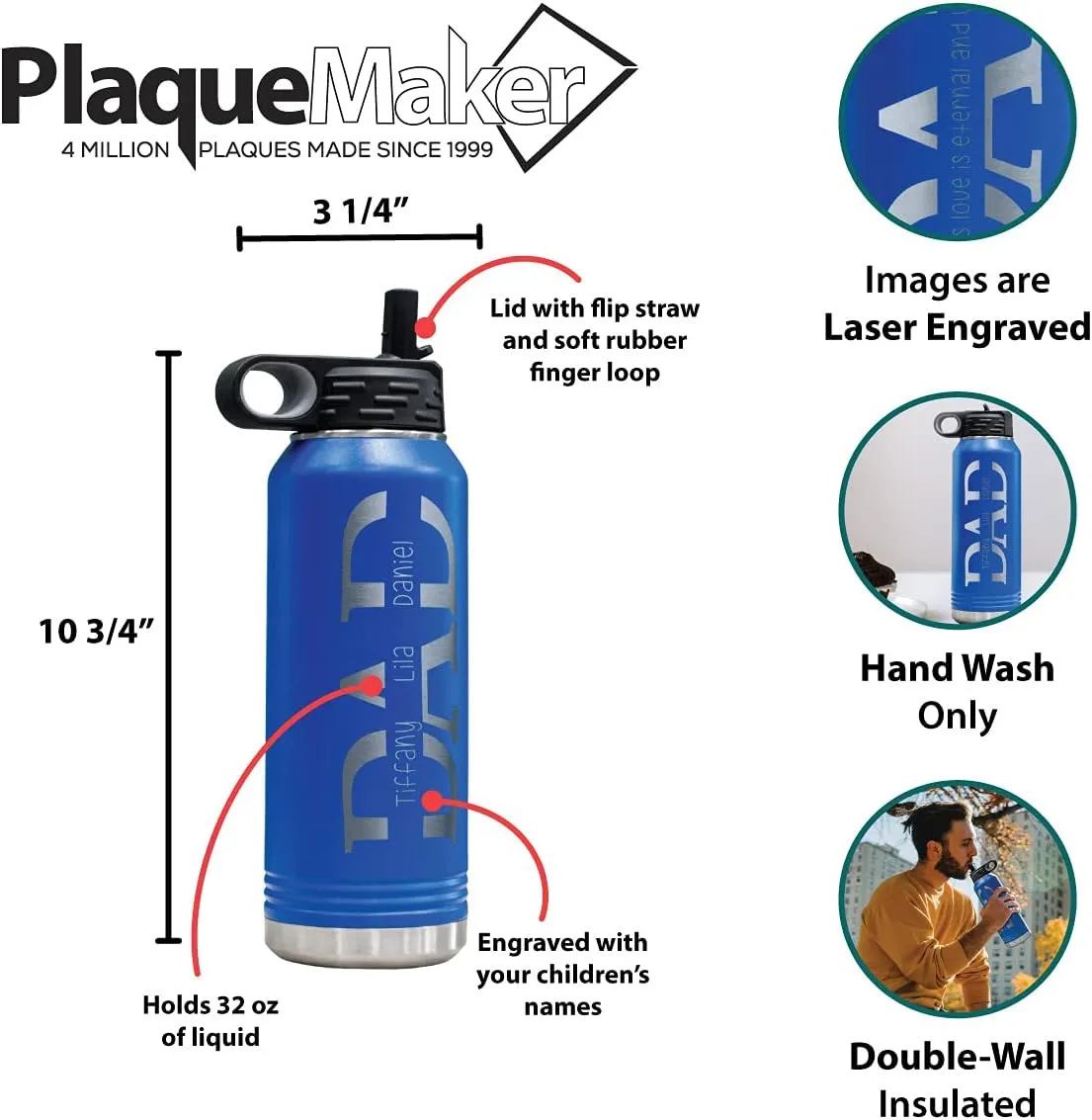 PlaqueMaker 32-oz Stainless Steel Customized Water Bottle For Dad- Includes Kids Names- Great for Father's Day, Christmas, His Birthday, or Just Because - Select from a Variety of Colors (Blue)