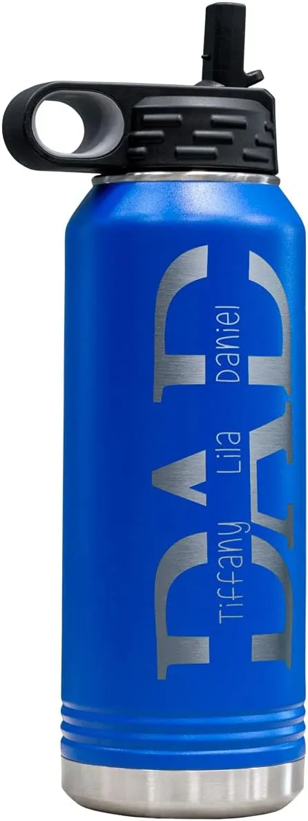 PlaqueMaker 32-oz Stainless Steel Customized Water Bottle For Dad- Includes Kids Names- Great for Father's Day, Christmas, His Birthday, or Just Because - Select from a Variety of Colors (Blue)