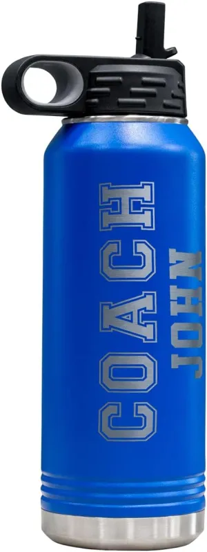 PlaqueMaker Customizable Coach Water Bottle - Include Your Personal Text (Blue)