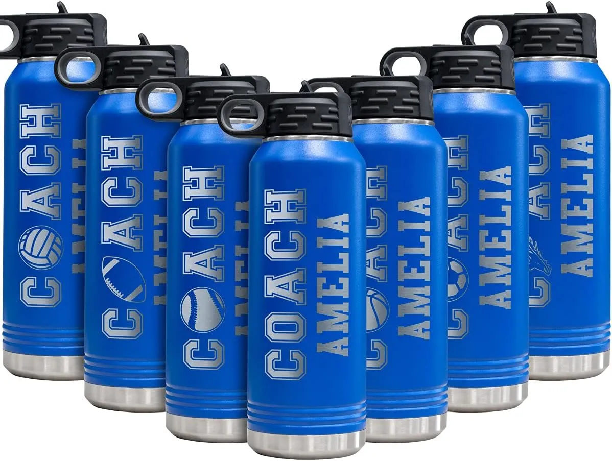 PlaqueMaker Customizable Coach Water Bottle - Include Your Personal Text (Blue)