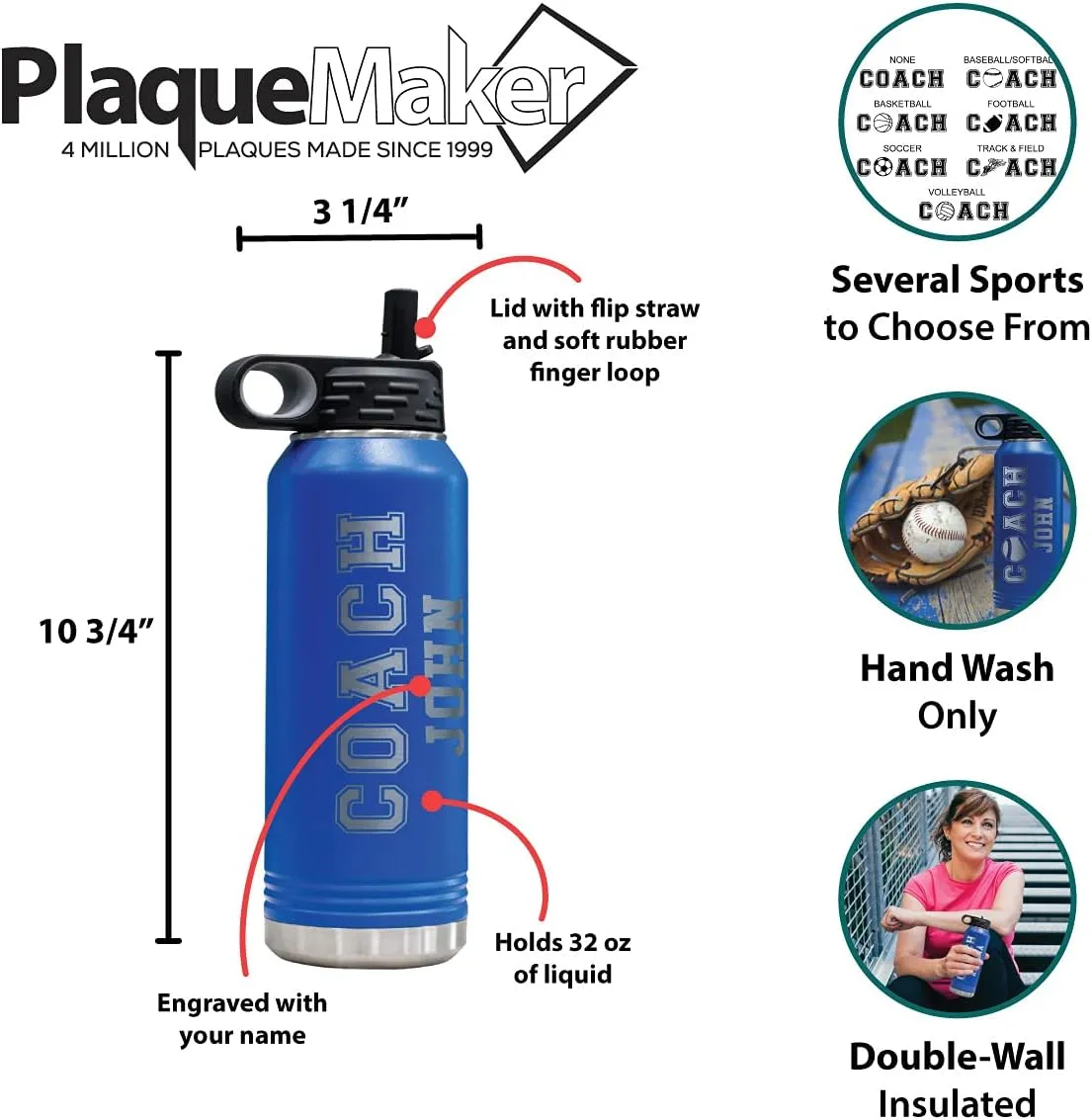 PlaqueMaker Customizable Coach Water Bottle - Include Your Personal Text (Blue)