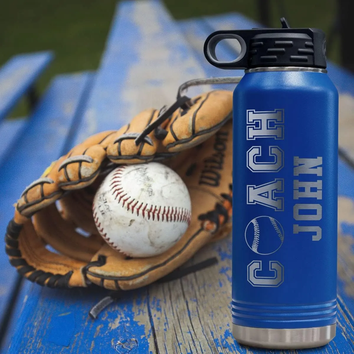 PlaqueMaker Customizable Coach Water Bottle - Include Your Personal Text (Blue)
