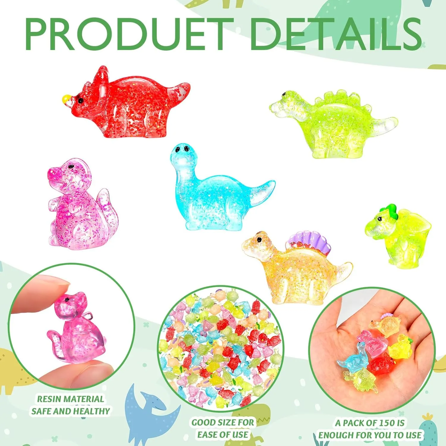 Poen 150 Pcs Glitter Mini Dinosaur Figures Resin Tiny Small Dinosaur Toys Garden Realistic Miniature Figurines for Bag Cake Topper Birthday Party Favors