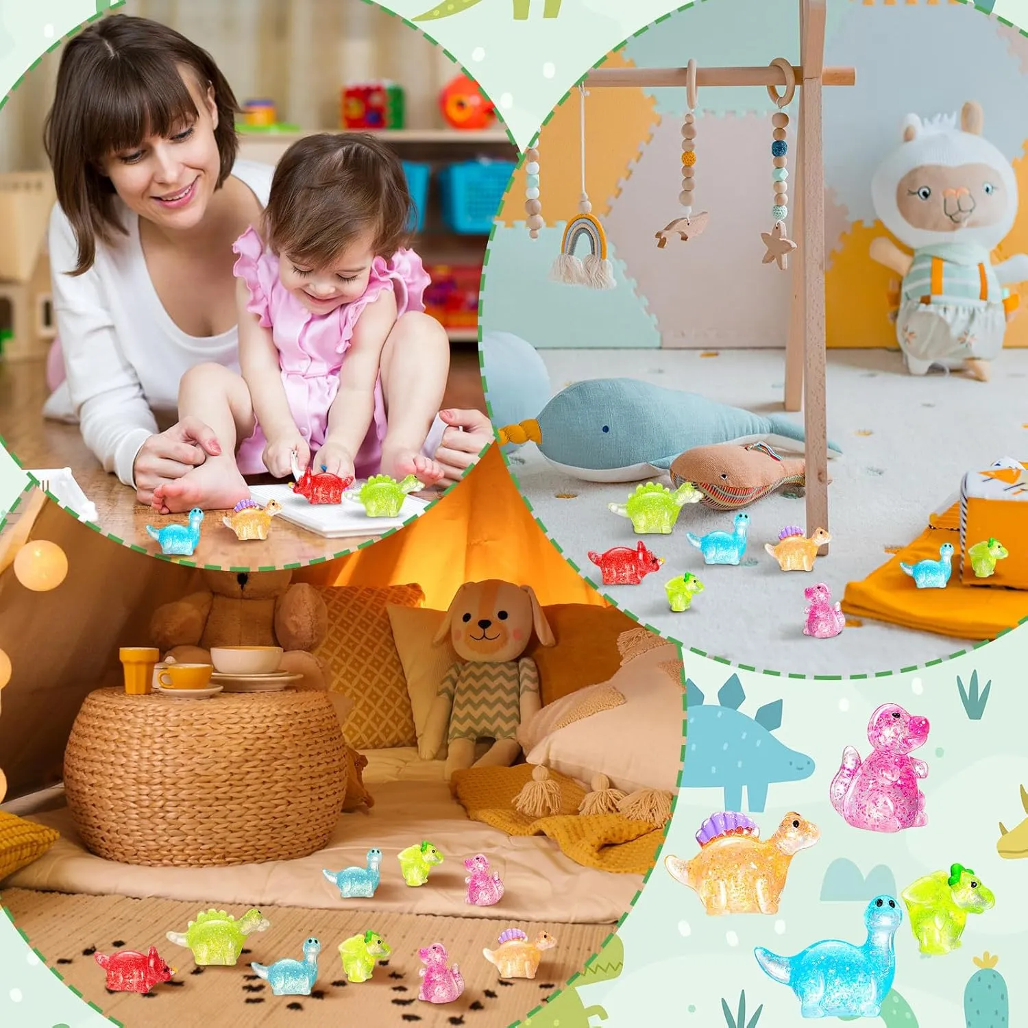 Poen 150 Pcs Glitter Mini Dinosaur Figures Resin Tiny Small Dinosaur Toys Garden Realistic Miniature Figurines for Bag Cake Topper Birthday Party Favors
