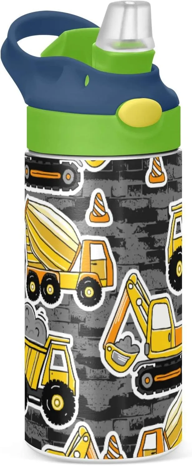 Poeticcity Construction Yellow Machinery with Truck Crane and Bulldozer Tumbler with Lid & Straw, Boys Girls Stainless Steel Double Wall Cup Water Bottle BPA-Free Vacuum Insulated Thermal Mug 11.8 Oz