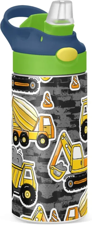 Poeticcity Construction Yellow Machinery with Truck Crane and Bulldozer Tumbler with Lid & Straw, Boys Girls Stainless Steel Double Wall Cup Water Bottle BPA-Free Vacuum Insulated Thermal Mug 11.8 Oz