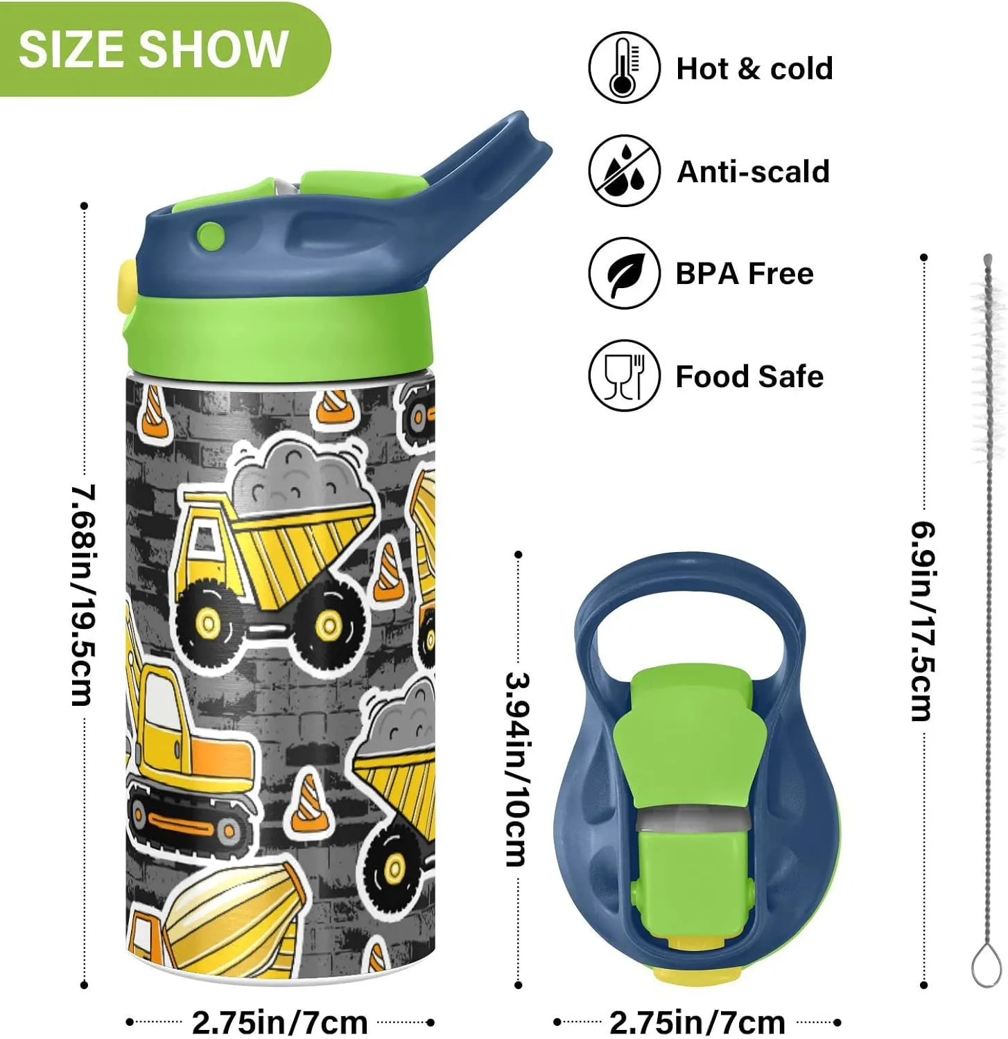 Poeticcity Construction Yellow Machinery with Truck Crane and Bulldozer Tumbler with Lid & Straw, Boys Girls Stainless Steel Double Wall Cup Water Bottle BPA-Free Vacuum Insulated Thermal Mug 11.8 Oz
