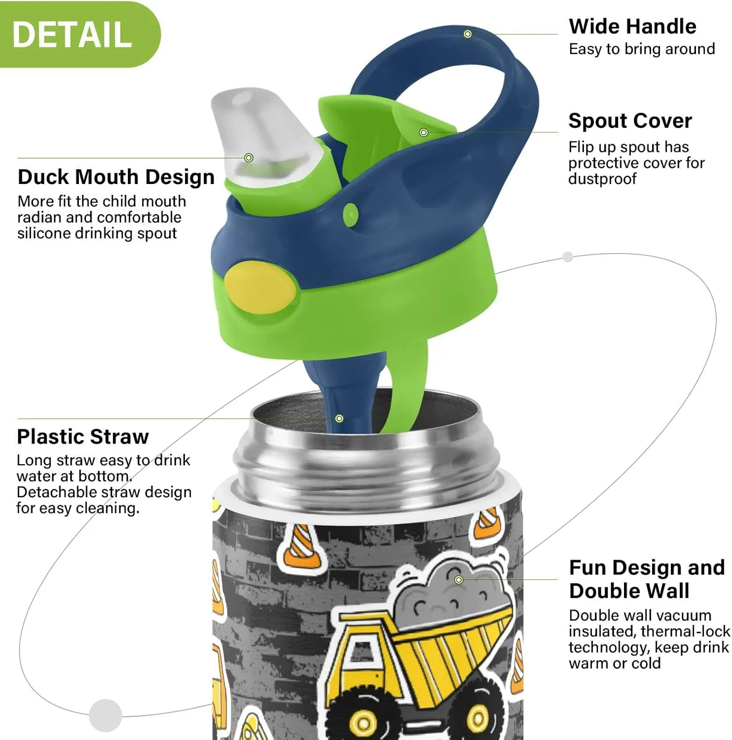Poeticcity Construction Yellow Machinery with Truck Crane and Bulldozer Tumbler with Lid & Straw, Boys Girls Stainless Steel Double Wall Cup Water Bottle BPA-Free Vacuum Insulated Thermal Mug 11.8 Oz