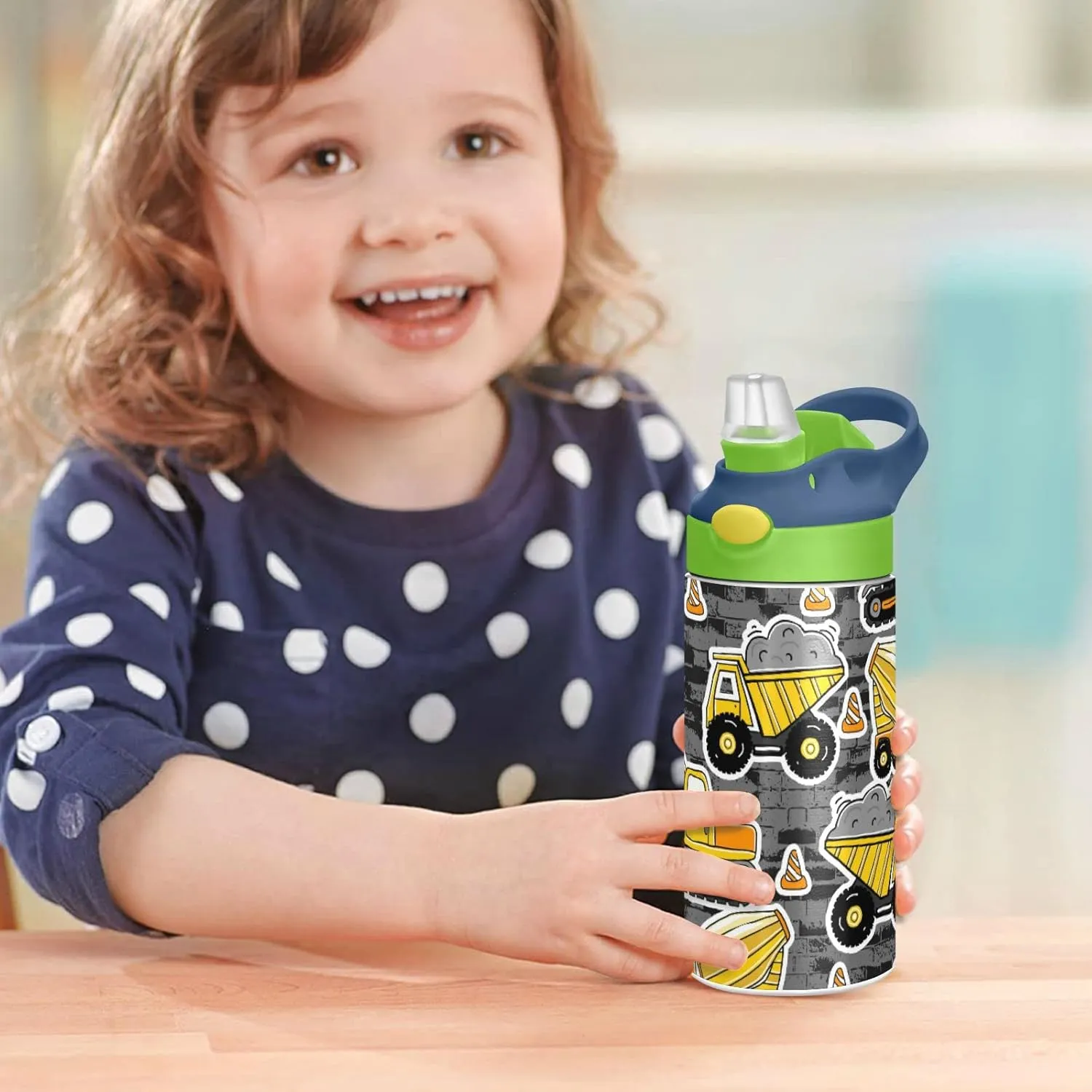Poeticcity Construction Yellow Machinery with Truck Crane and Bulldozer Tumbler with Lid & Straw, Boys Girls Stainless Steel Double Wall Cup Water Bottle BPA-Free Vacuum Insulated Thermal Mug 11.8 Oz