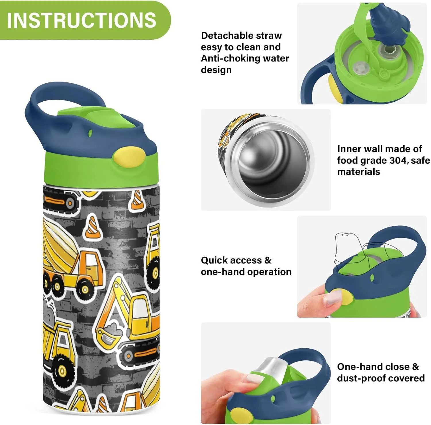 Poeticcity Construction Yellow Machinery with Truck Crane and Bulldozer Tumbler with Lid & Straw, Boys Girls Stainless Steel Double Wall Cup Water Bottle BPA-Free Vacuum Insulated Thermal Mug 11.8 Oz
