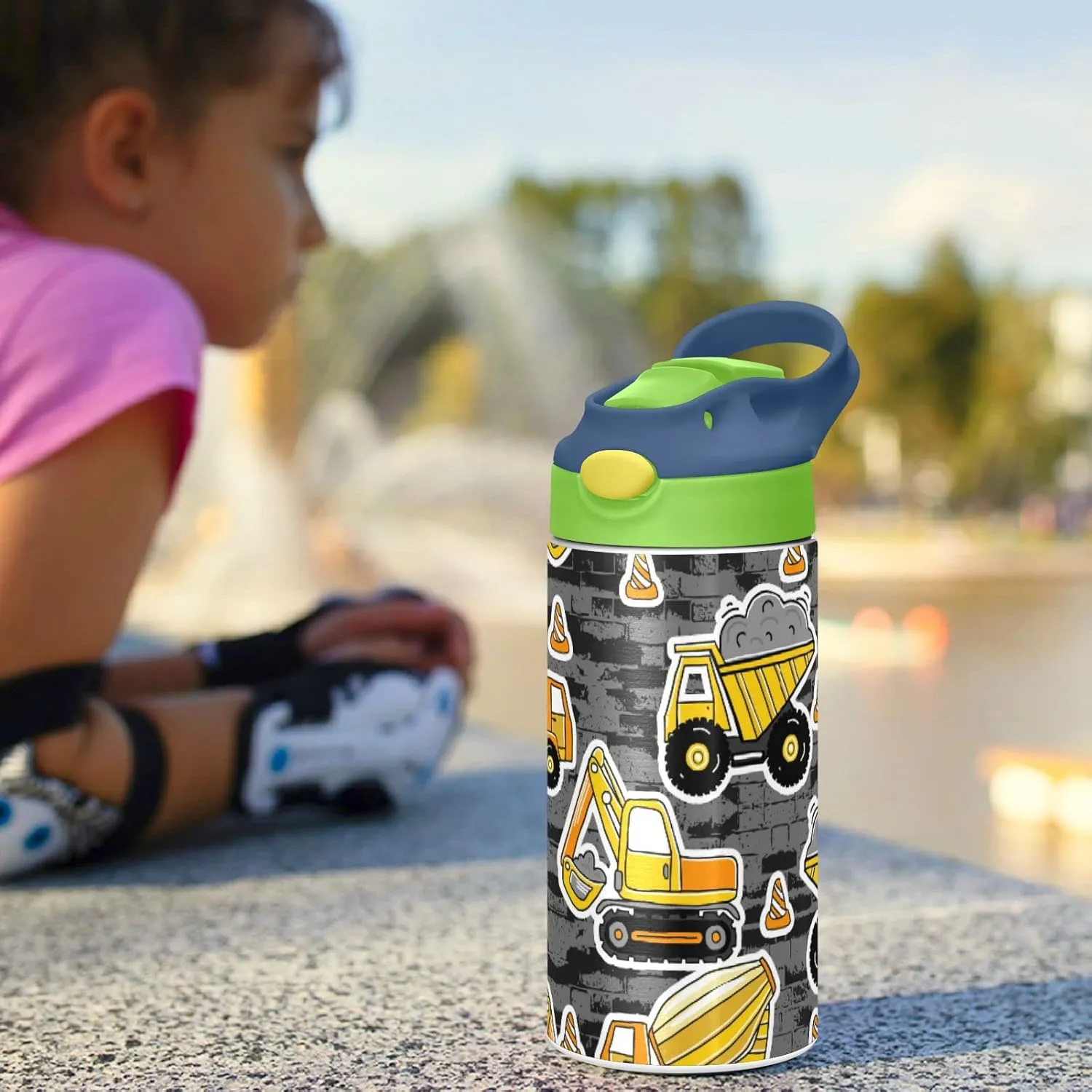 Poeticcity Construction Yellow Machinery with Truck Crane and Bulldozer Tumbler with Lid & Straw, Boys Girls Stainless Steel Double Wall Cup Water Bottle BPA-Free Vacuum Insulated Thermal Mug 11.8 Oz