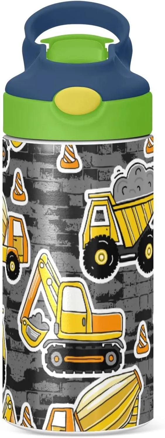 Poeticcity Construction Yellow Machinery with Truck Crane and Bulldozer Tumbler with Lid & Straw, Boys Girls Stainless Steel Double Wall Cup Water Bottle BPA-Free Vacuum Insulated Thermal Mug 11.8 Oz