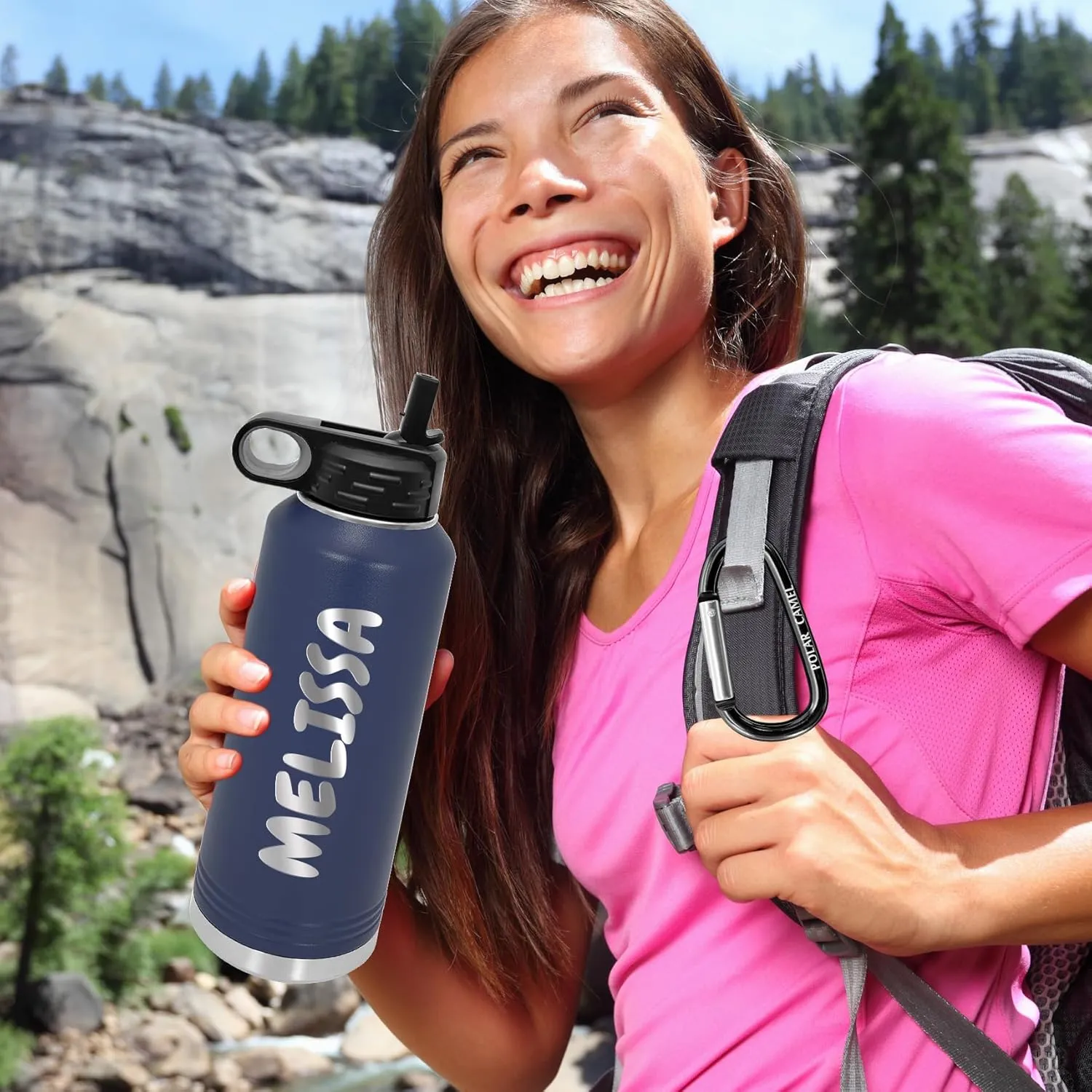 Polar Camel Personalized Water Bottles 32oz with Flip-Top Lid and Straw, Customized Vacuum Insulated Stainless Steel Sports Double Wall Thermos, Your Logo Name and Text Engraved (Navy Blue)