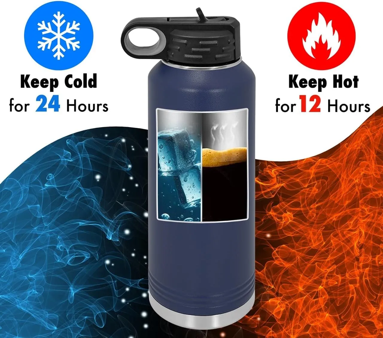 Polar Camel Personalized Water Bottles 32oz with Flip-Top Lid and Straw, Customized Vacuum Insulated Stainless Steel Sports Double Wall Thermos, Your Logo Name and Text Engraved (Navy Blue)