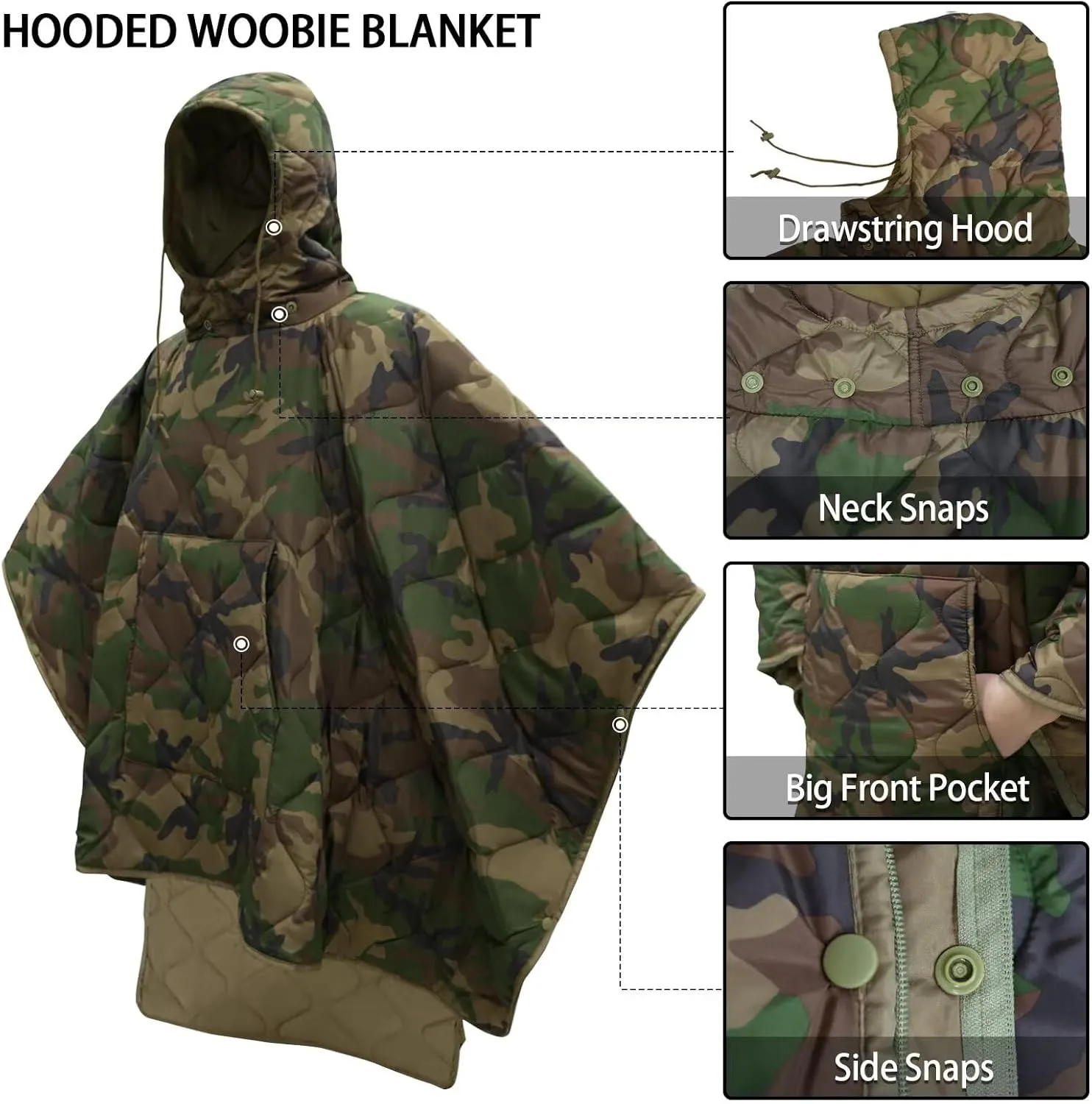 Poncho Liner Hoodie with Pocket Insulated Military Sleeping Bag Waterproof for Outdoor Camping Travel Survival Hunting Car Emergency