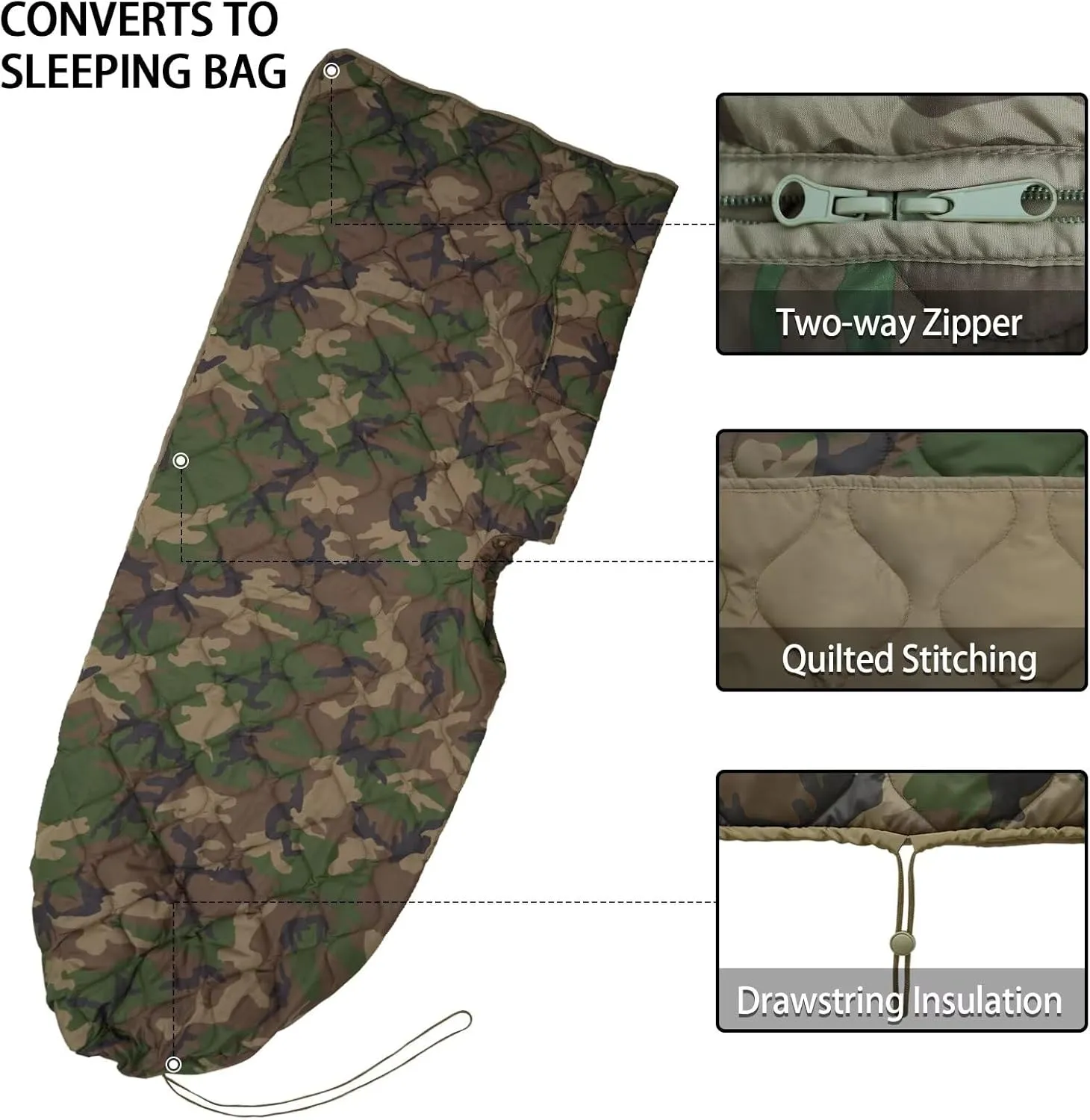 Poncho Liner Hoodie with Pocket Insulated Military Sleeping Bag Waterproof for Outdoor Camping Travel Survival Hunting Car Emergency