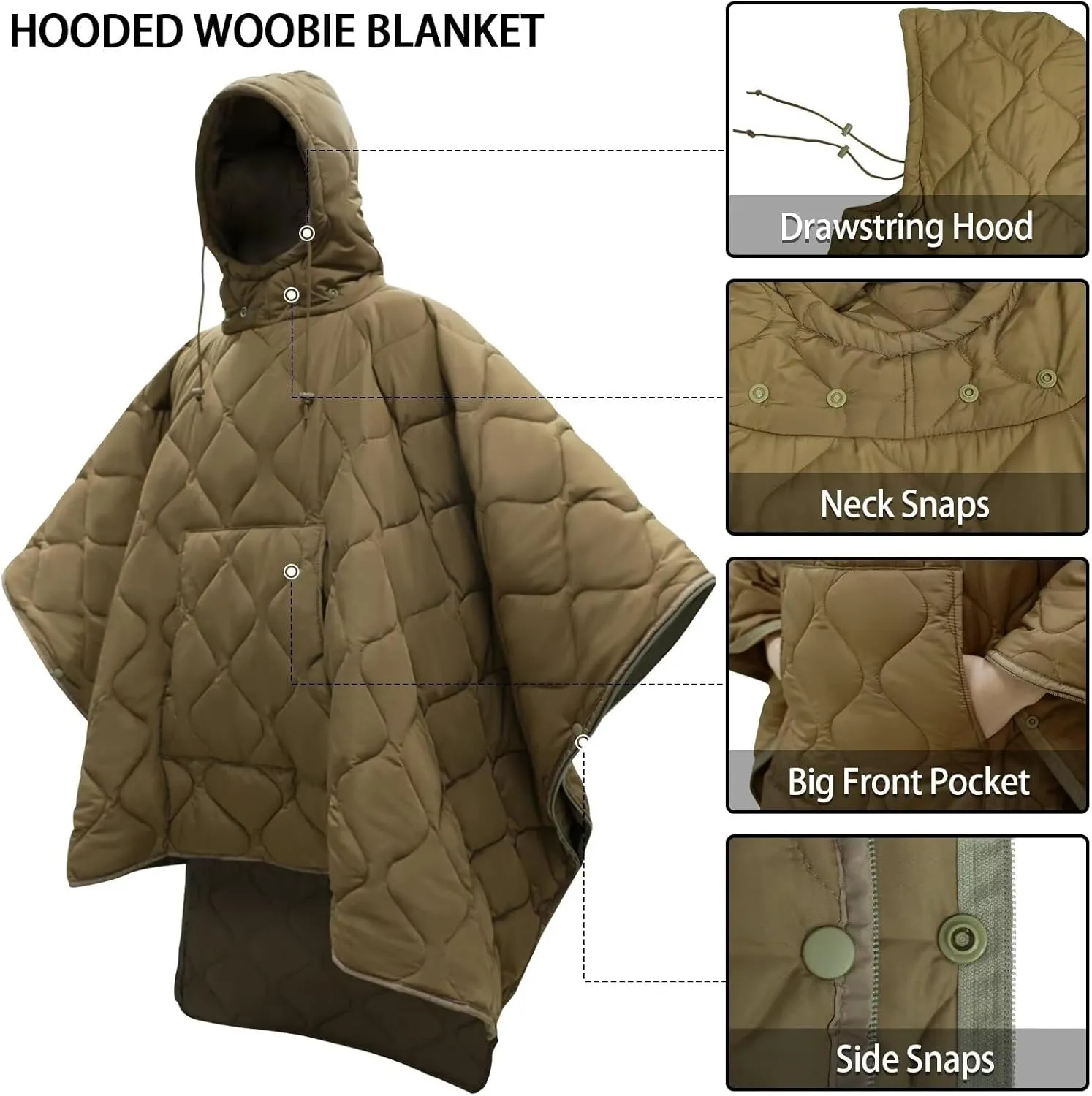 Poncho Liner Hoodie with Pocket Insulated Military Sleeping Bag Waterproof for Outdoor Camping Travel Survival Hunting Car Emergency