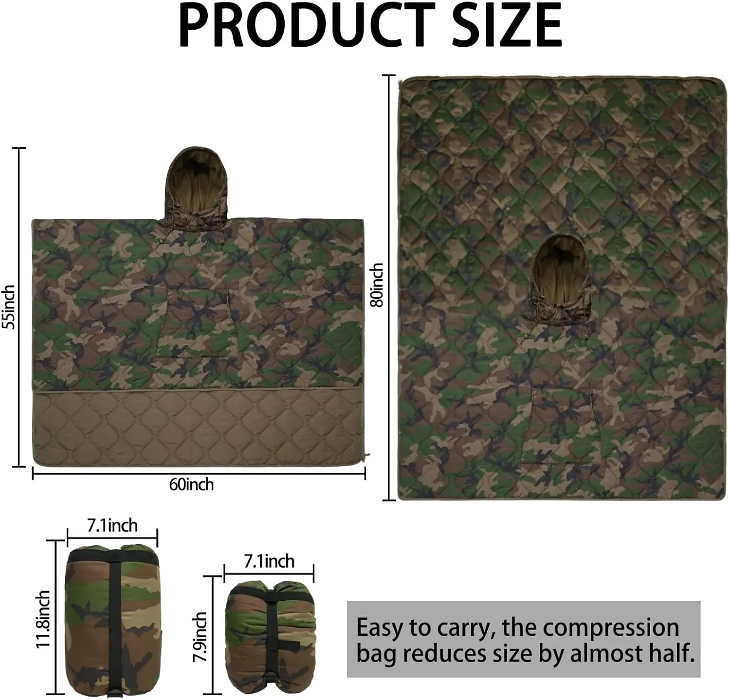 Poncho Liner Hoodie with Pocket Insulated Military Sleeping Bag Waterproof for Outdoor Camping Travel Survival Hunting Car Emergency