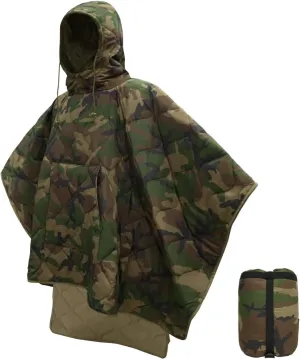 Poncho Liner Hoodie with Pocket Insulated Military Sleeping Bag Waterproof for Outdoor Camping Travel Survival Hunting Car Emergency