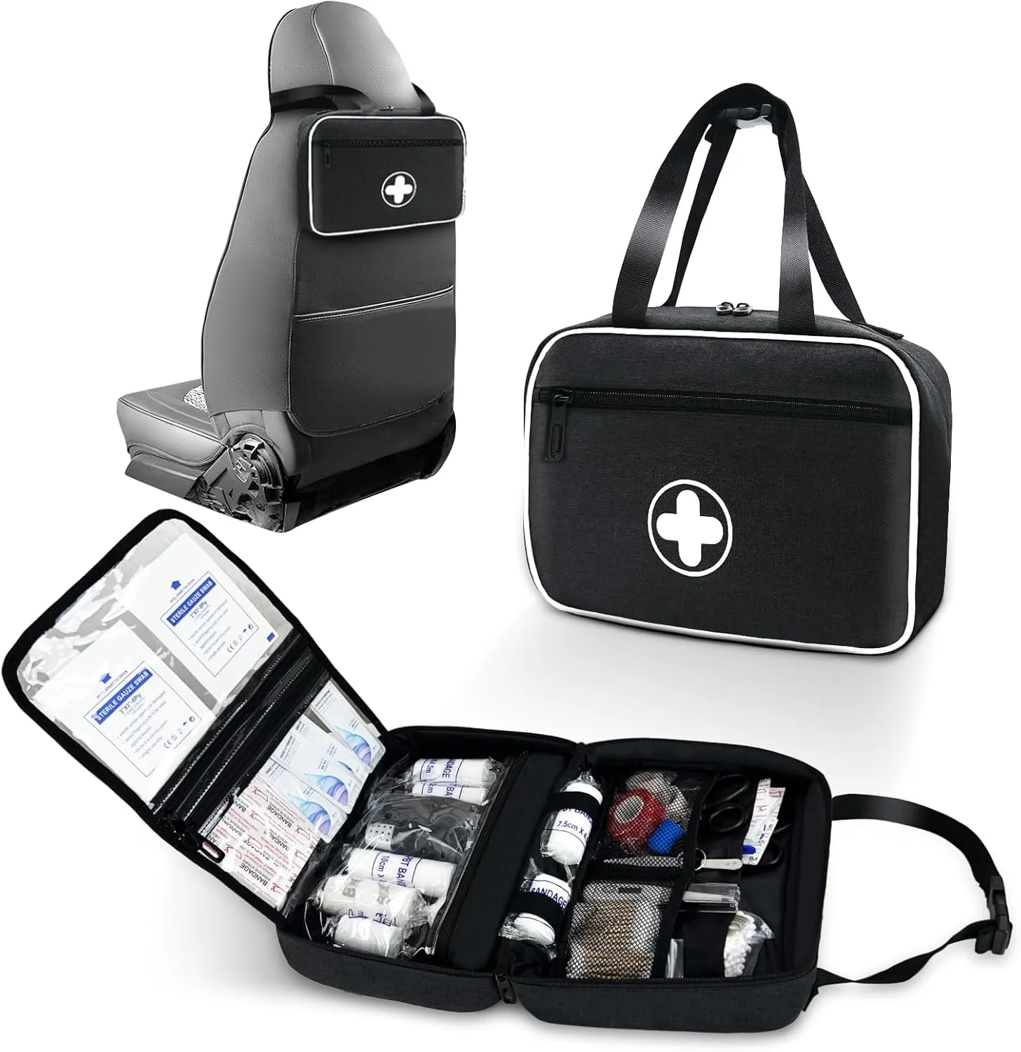 Portable First Aid Bag, Empty Emergency Trauma Kit with Reflective Strips, Multi-Compartment Medical Organizer for Travel, Camping, Car, Outdoor and Home, Bag ONLY (Black)