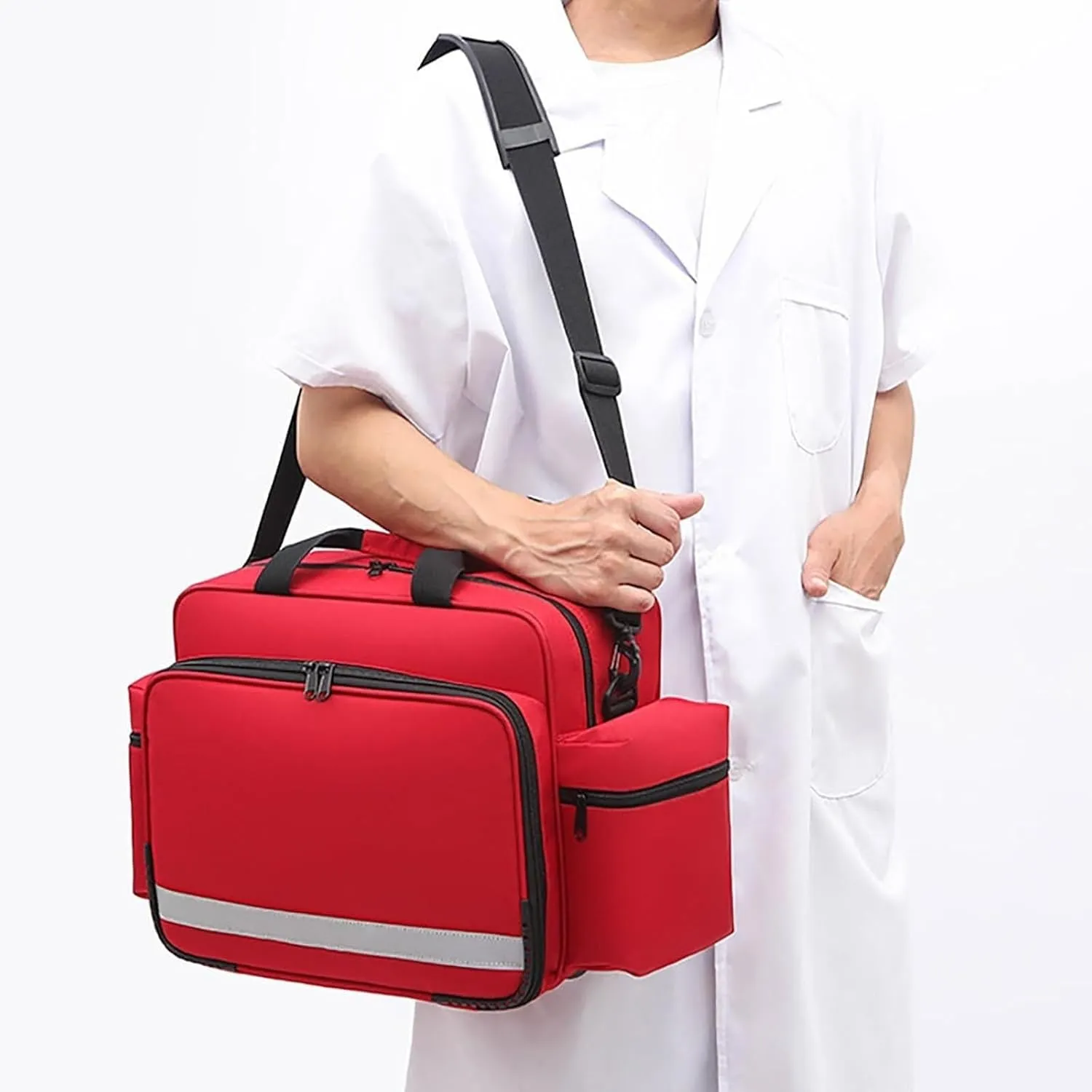 Portable First Responder Medical Trauma Bag, Emergency Supplies Kit with Shoulder Strap, Inner Dividers, Waterproof Oxford Fabric – Red(White)