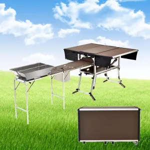 Portable Kitchen Camping Kitchen Table, Lightweight Folding Camping Grill Table with Bench and Stove for BBQ Backyard Picnic Outdoor Cooking Station, Package 1