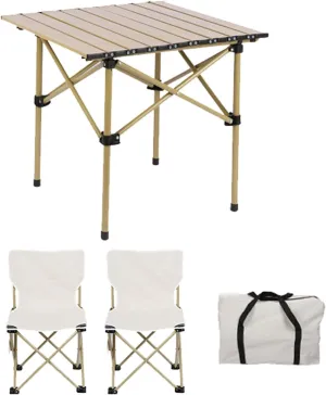 Portable Outdoor Picnic Table and Chairs, Aluminum Foldable Camping Chair Set Lightweight Roll-up Top Folding Casual for Patio Garden Hiking