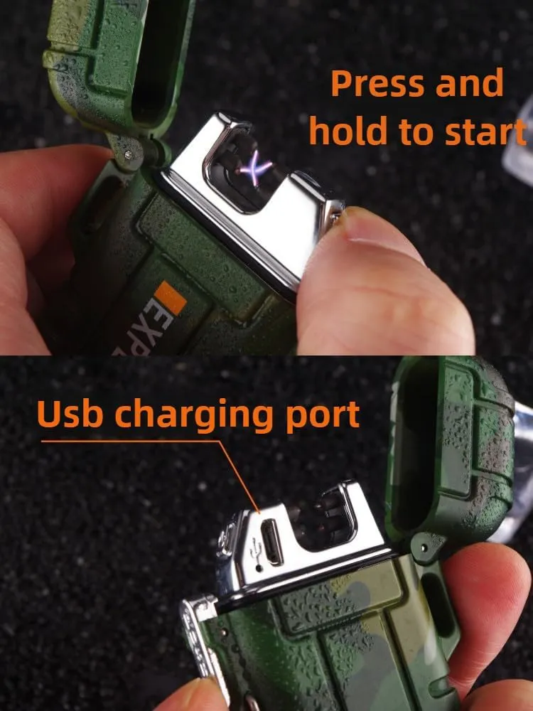 Portable Waterproof Camo Dual Arc Lighter – USB Rechargeable Windproof & Silent Outdoor Lighter (Blue)