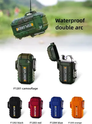 Portable Waterproof Camo Dual Arc Lighter – USB Rechargeable Windproof & Silent Outdoor Lighter (Blue)