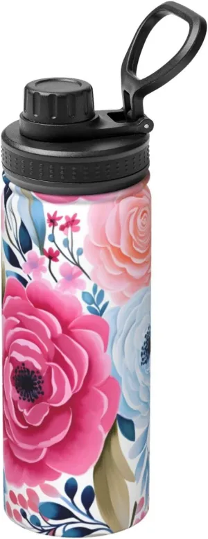 Pretty Moon Flower Pattern Sports Insulated Water Bottle 18oz Stainless Steel Metal Water Bottles with Handle and Spout Lid Reusable Leakproof Double Wall Water Flask for Men Women Travel Gym