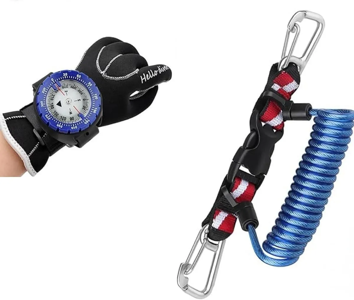 Professional Waterproof 5ATM Dive Wrist Compass and Stainless Steel Double-Clips Anti-Lost Lanyard