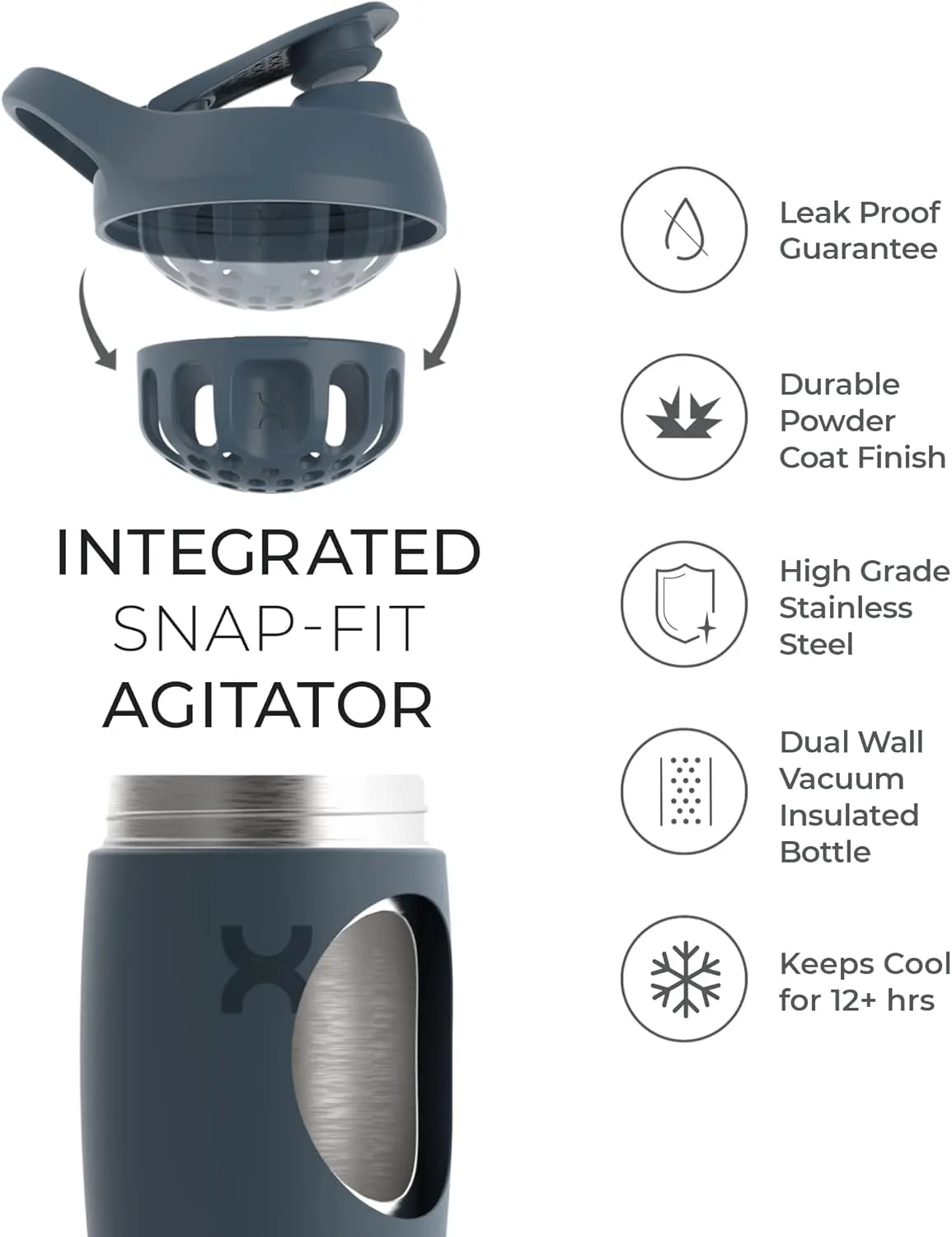 Promixx Pursuit Shaker Bottle Insulated Stainless Steel Water Bottle and shaker Cup, 18oz, Graphite Gray