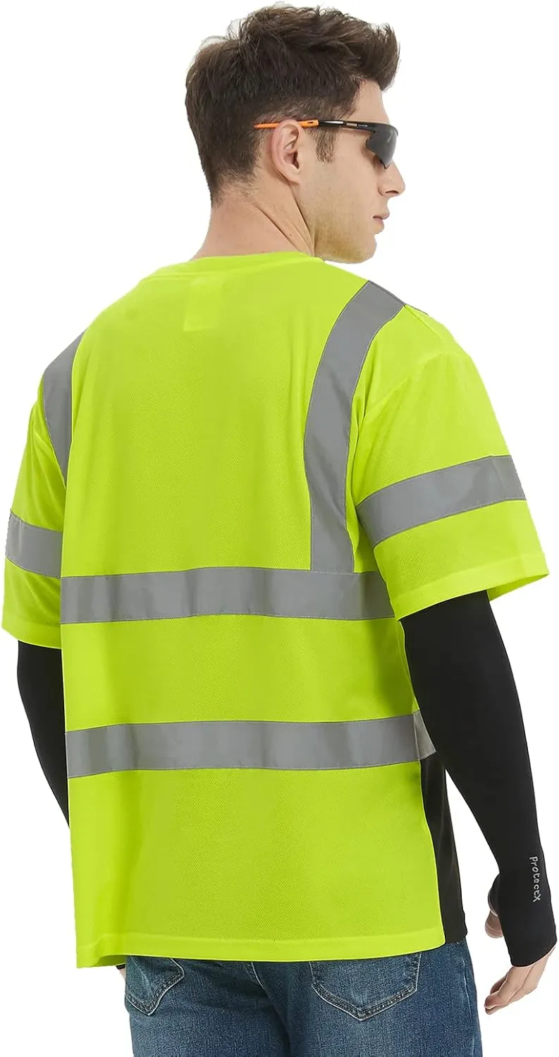 ProtectX High Visibility Short Sleeve Reflective Safety T-Shirt, Men's Heavy Duty Breathable Hi Vis Shirts, Class 2 Type R