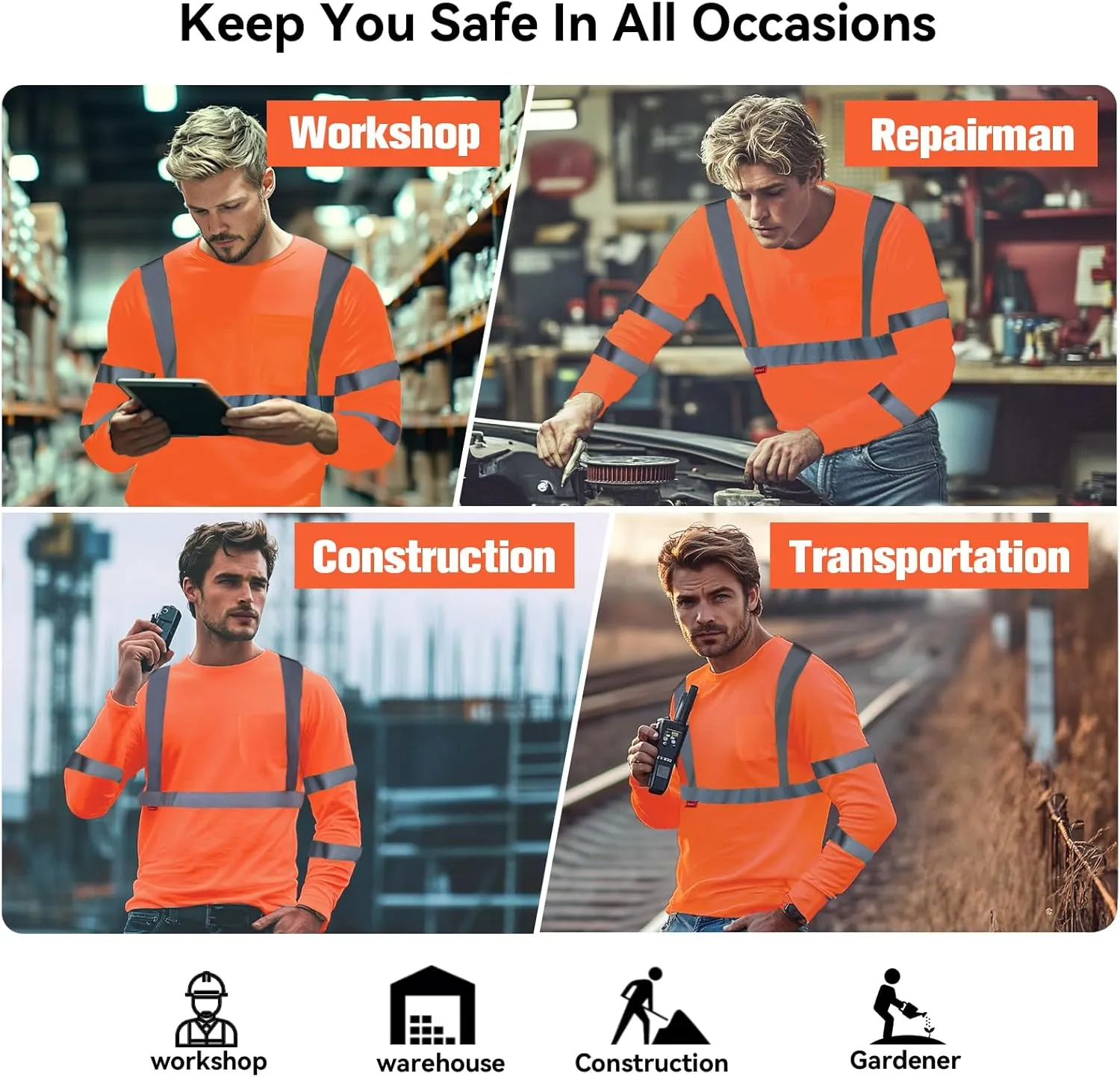 ProtectX Men's High Visibility Heavy Duty Long Sleeve Reflective Safety T-Shirts for Construction, Class 2-3 Type R