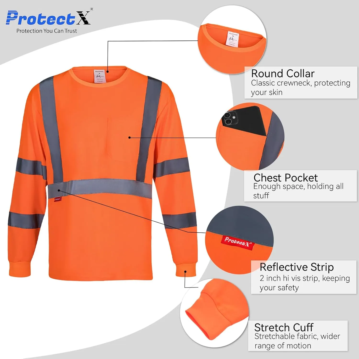 ProtectX Men's High Visibility Heavy Duty Long Sleeve Reflective Safety T-Shirts for Construction, Class 2-3 Type R