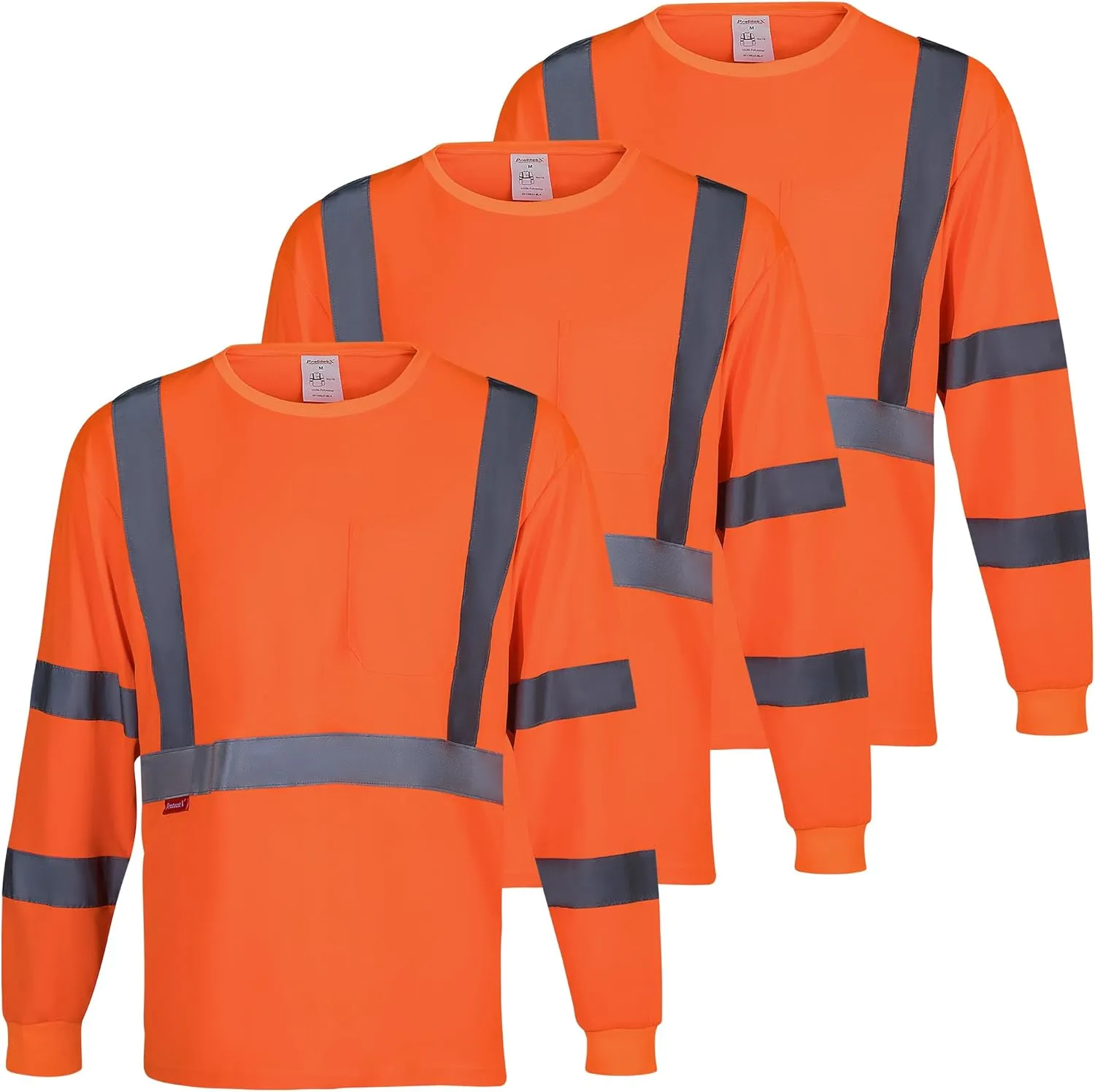 ProtectX Men's High Visibility Heavy Duty Long Sleeve Reflective Safety T-Shirts for Construction, Class 2-3 Type R