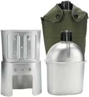 Pure Handmade Military Canteen Set of 4, Includes Canteen, Cup, Stove & Pouch Kit, Army Canteen WWII Us G.I. Style, Outdoor Tool for Camping Survival Hiking Backpacking