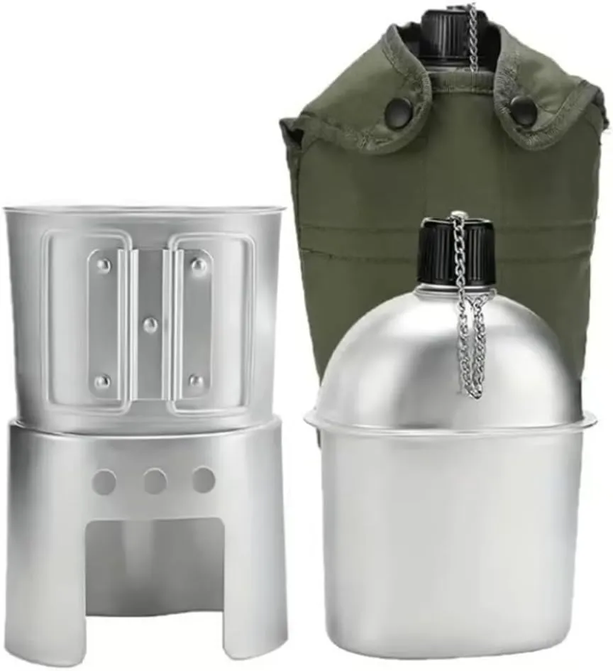 Pure Handmade Military Canteen Set of 4, Includes Canteen, Cup, Stove & Pouch Kit, Army Canteen WWII Us G.I. Style, Outdoor Tool for Camping Survival Hiking Backpacking
