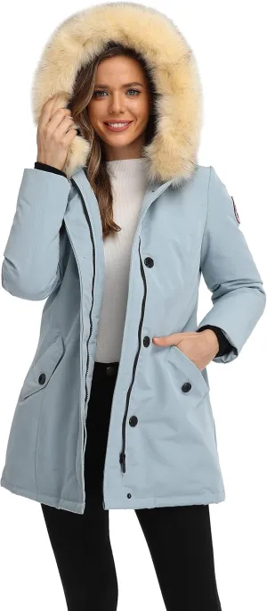 PUREMSX Duck Down Winter Coat for Women Insulated Long Thick Fur Hood Puffer Warm Parka Jacket