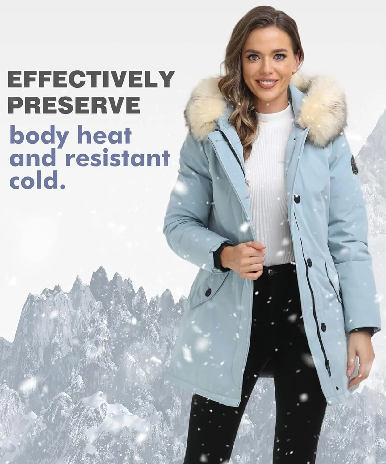 PUREMSX Duck Down Winter Coat for Women Insulated Long Thick Fur Hood Puffer Warm Parka Jacket