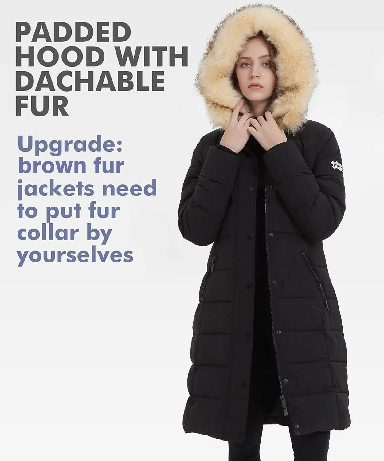 PUREMSX Winter Puffer Jacket for Women, Warm Fur Hood Outdoor Thick Insulated Quilted Long Coat XS-XXL
