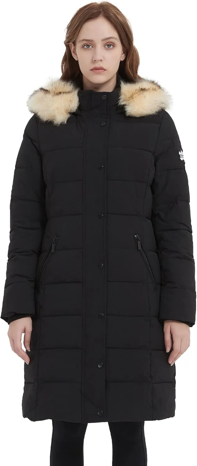 PUREMSX Winter Puffer Jacket for Women, Warm Fur Hood Outdoor Thick Insulated Quilted Long Coat XS-XXL
