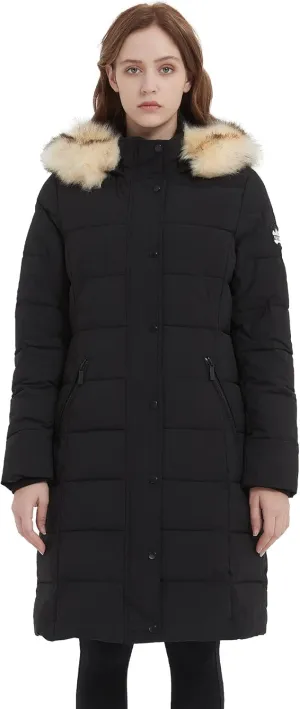PUREMSX Winter Puffer Jacket for Women, Warm Fur Hood Outdoor Thick Insulated Quilted Long Coat XS-XXL