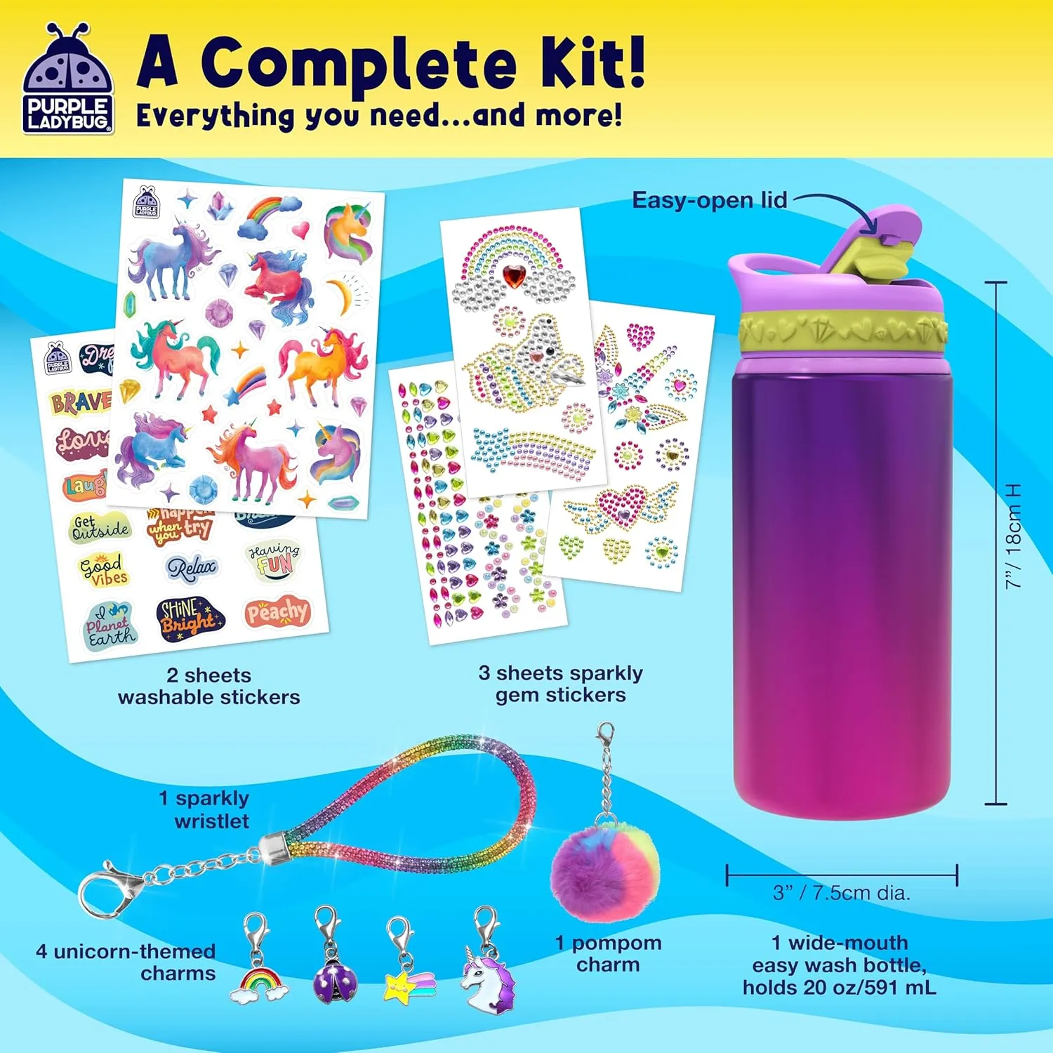 PURPLE LADYBUG Decorate Your Own Water Bottle Kit for Girls - Unicorn Design with Glitter Gem Stickers, Gifts for Girls Ages 5-8-10 Years Old Birthday, Fun Craft for Kids, Water Bottle for School